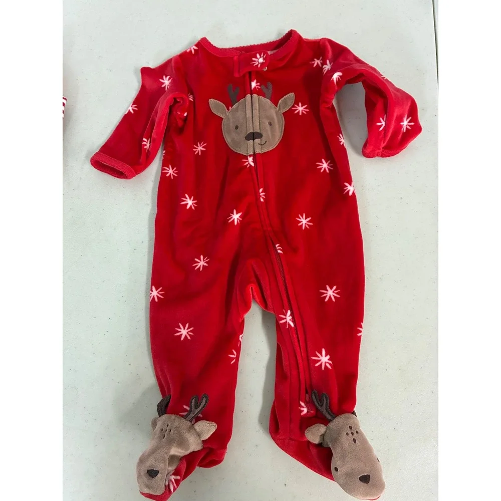 Carters Baby Christmas Pajamas Lot 3 Piece Set 3M 3-6M Reindeer Santa Footie Zip